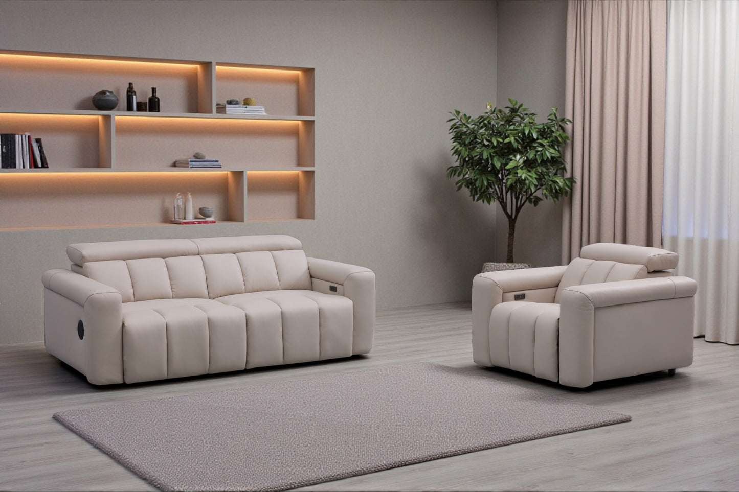 Beige recliner sectional sofa in a living room setting with shelves and decor.
