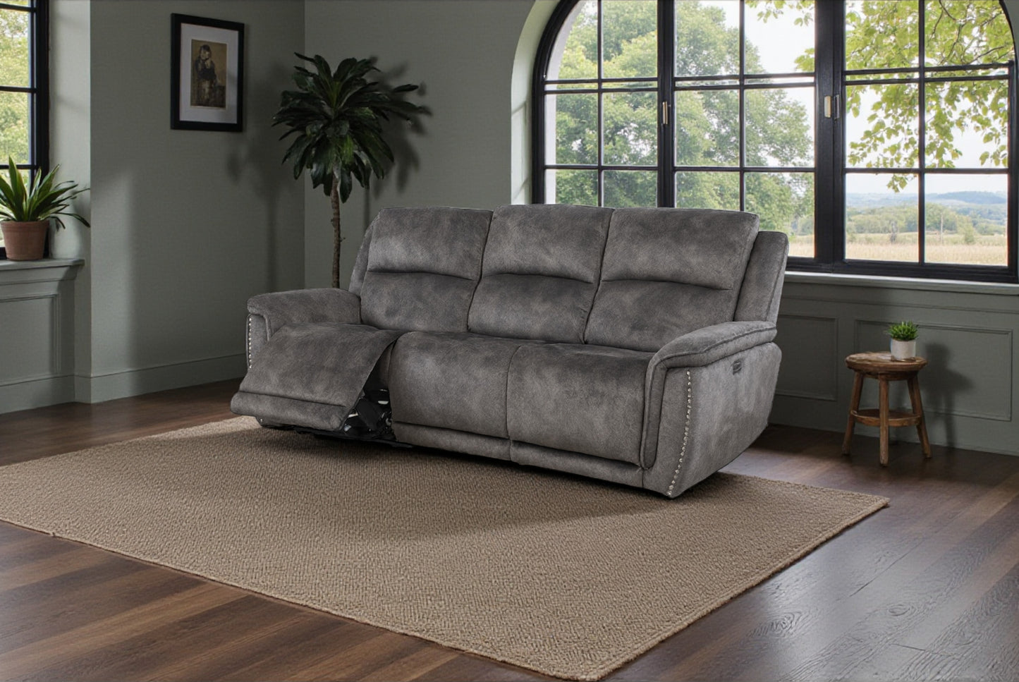 Gray sofa in a living room with large windows and plants
