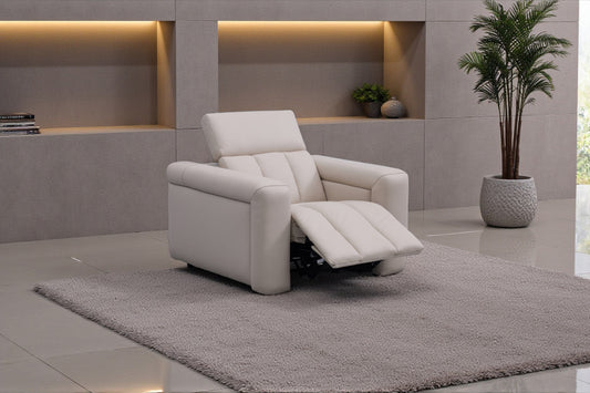 Beige recliner chair in a modern room with a plant and shelves.