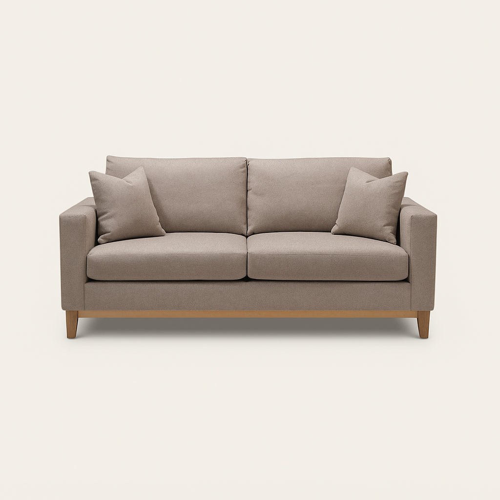Gray sofa with wooden legs on a white background